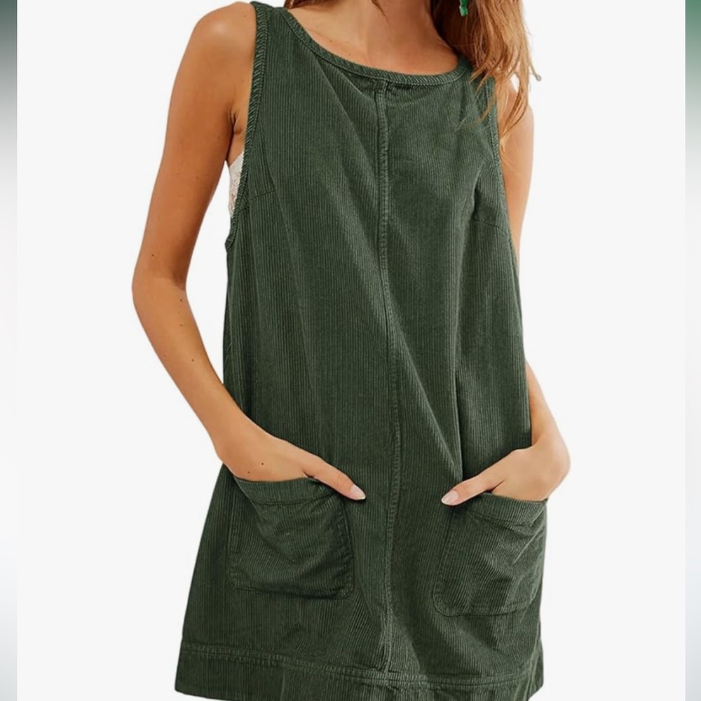 Green Sleeveless Corduroy Dress with Pockets